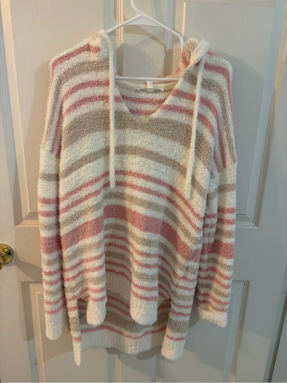 Cozy Striped Hooded Pullover Sweater - Cream & Pink